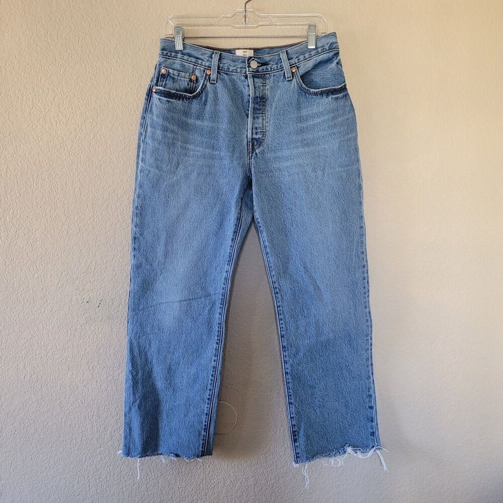 Levis 501 90s Premium Jeans 29x26 Blue Baggy Straight Leg Button Fly Rigid Crop